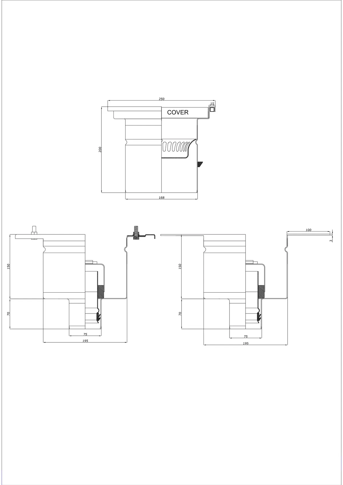 Bodenablauf BK_KRD 250x250 DN 75 - Zweiteiliger Vertikaler Ablauf