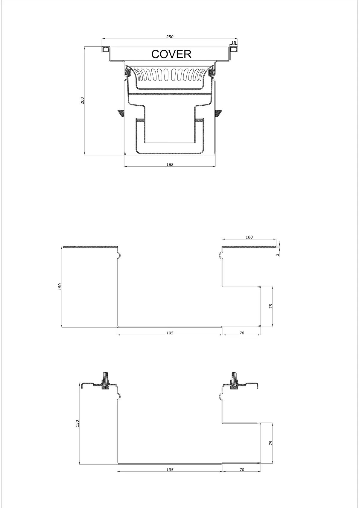 Bodenablauf BK_KRB 250x250 DN 75 - Zweiteilig Horizontal